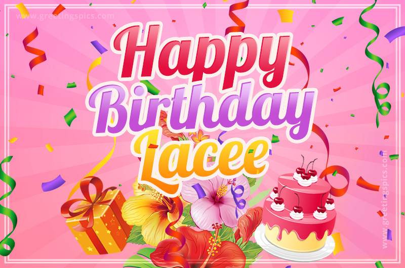 Beautiful Birthday Card for Lacee with Cake and bouquet of flowers