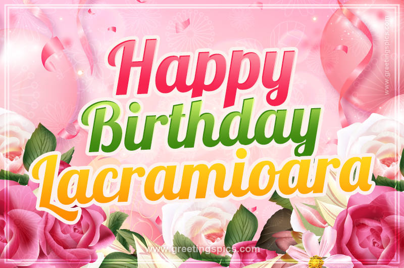 Image with gentle pink background and flowers Happy Birthday Lacramioara