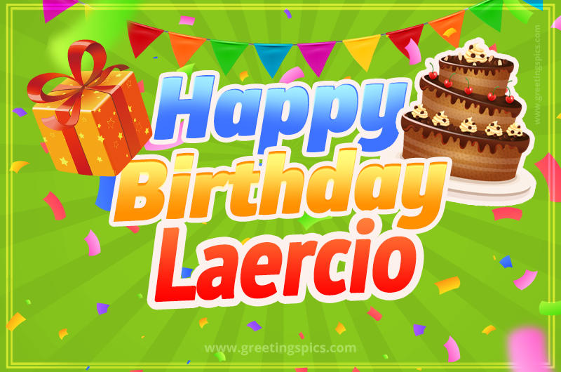 Happy Birthday Laercio picture with flags, chocolate cake and gift box