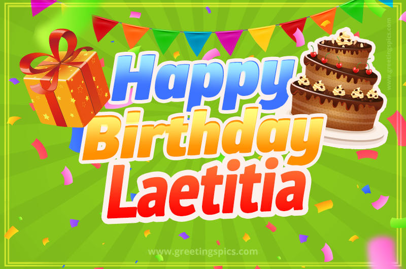 Happy Birthday Laetitia picture with flags, chocolate cake and gift box