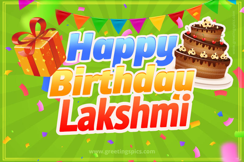 Happy Birthday Lakshmi picture with flags, chocolate cake and gift box