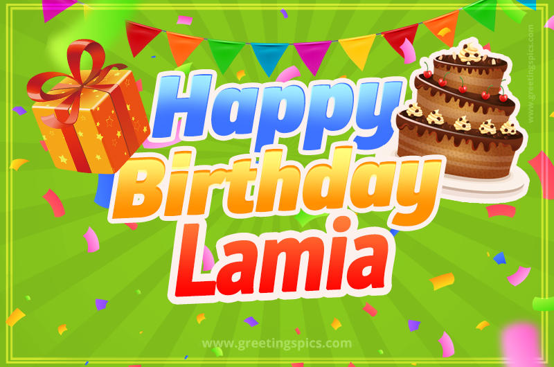 Happy Birthday Lamia picture with flags, chocolate cake and gift box