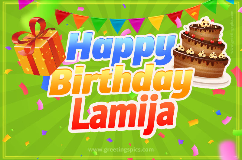 Happy Birthday Lamija picture with flags, chocolate cake and gift box