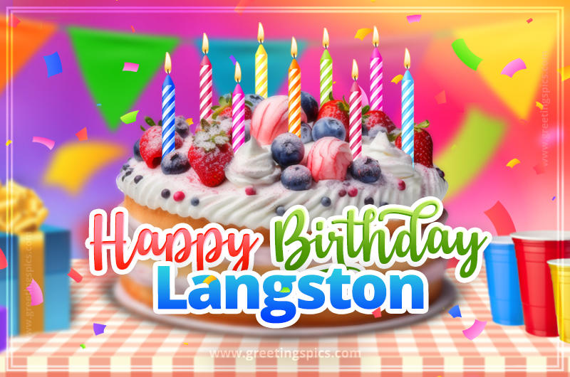 Happy Birthday Langston Colorful Image with fruit cake and candles