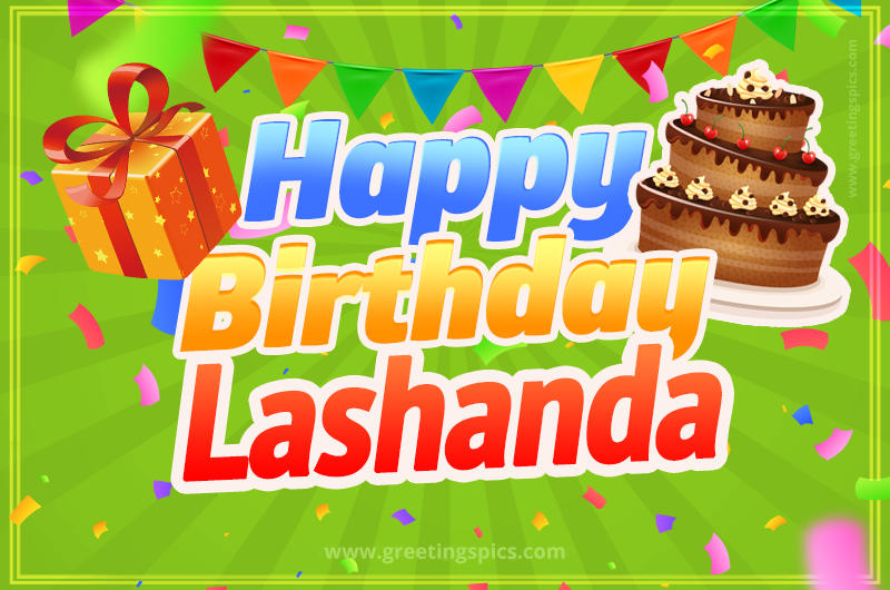 Happy Birthday Lashanda picture with flags, chocolate cake and gift box