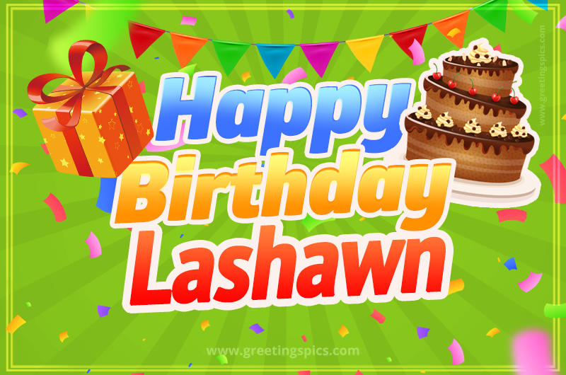 Happy Birthday Lashawn picture with flags, chocolate cake and gift box