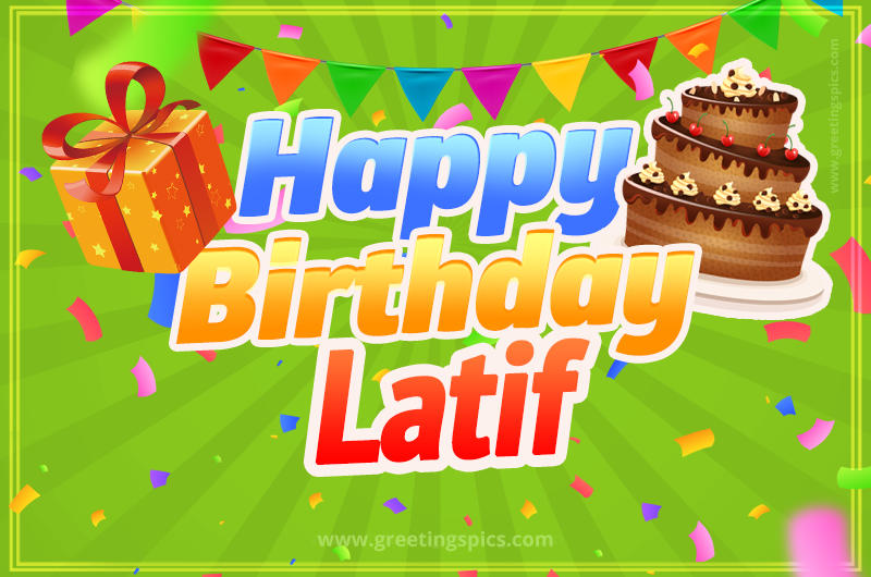 Happy Birthday Latif picture with flags, chocolate cake and gift box