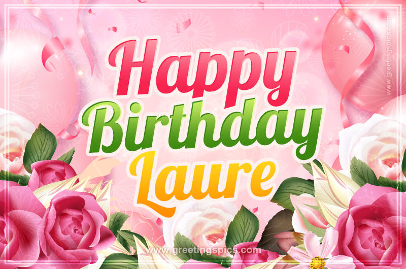 Image with gentle pink background and flowers Happy Birthday Laure