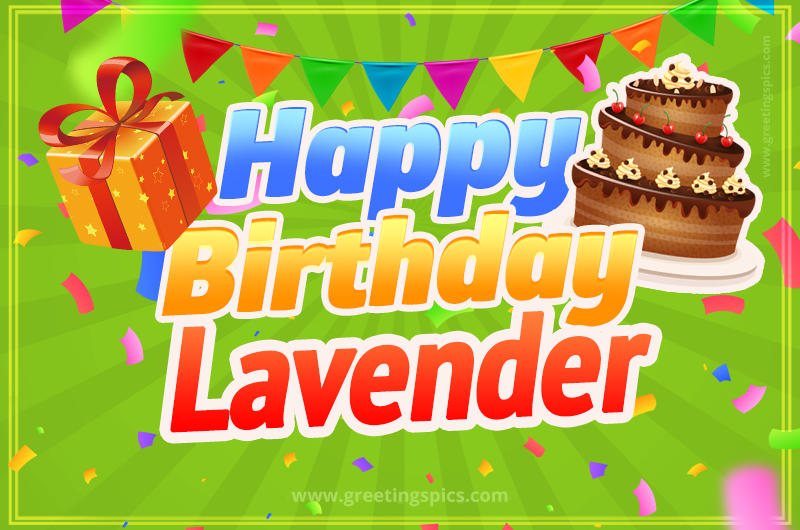 Happy Birthday Lavender picture with flags, chocolate cake and gift box