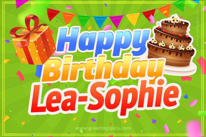 Happy Birthday Lea-Sophie picture with flags, chocolate cake and gift box