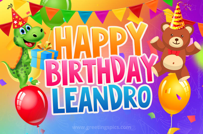 Happy Birthday Leandro Image for a child with cute baby dinosaur and bear