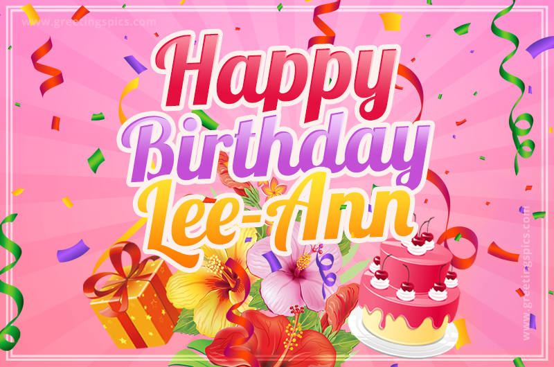 Beautiful Birthday Card for Lee-Ann with Cake and bouquet of flowers