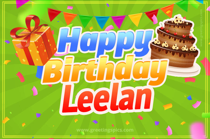 Happy Birthday Leelan picture with flags, chocolate cake and gift box