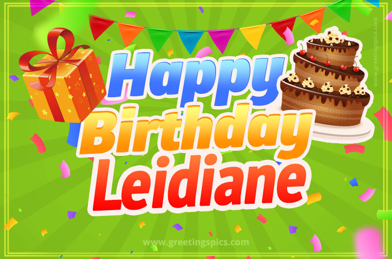 Happy Birthday Leidiane picture with flags, chocolate cake and gift box