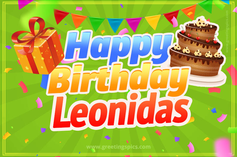 Happy Birthday Leonidas picture with flags, chocolate cake and gift box