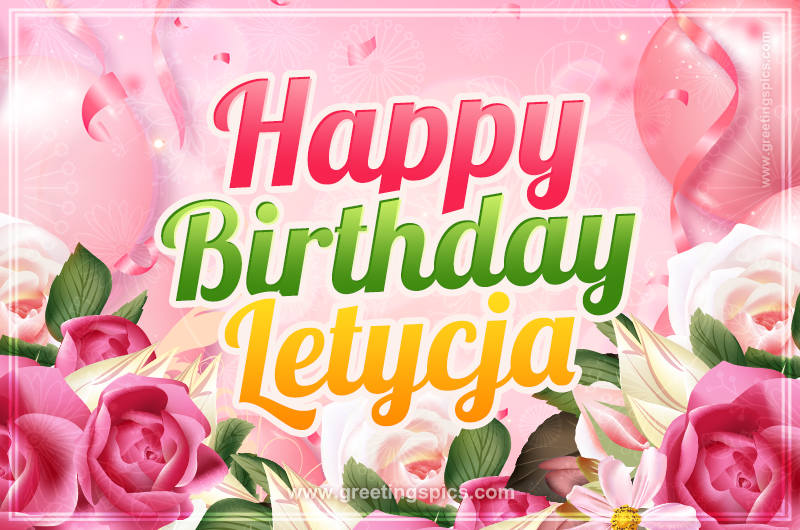 Image with gentle pink background and flowers Happy Birthday Letycja