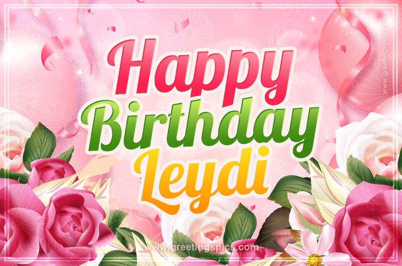 Image with gentle pink background and flowers Happy Birthday Leydi