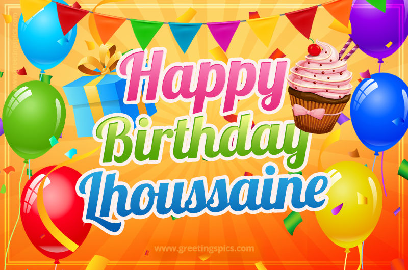 Happy Birthday Lhoussaine eCard with gift box and cupcake