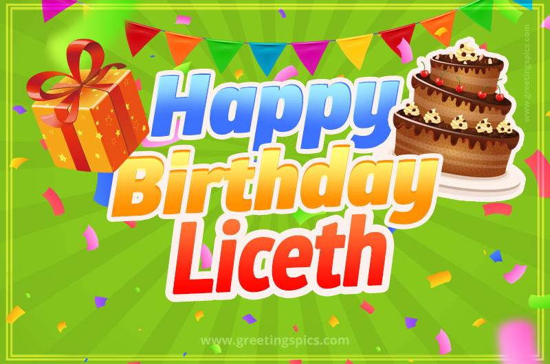 Happy Birthday Liceth picture with flags, chocolate cake and gift box