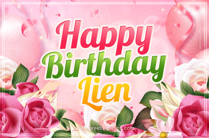 Image with gentle pink background and flowers Happy Birthday Lien