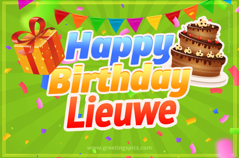 Happy Birthday Lieuwe picture with flags, chocolate cake and gift box