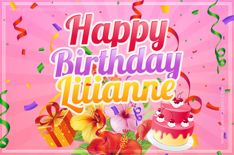 Beautiful Birthday Card for Lilianne with Cake and bouquet of flowers