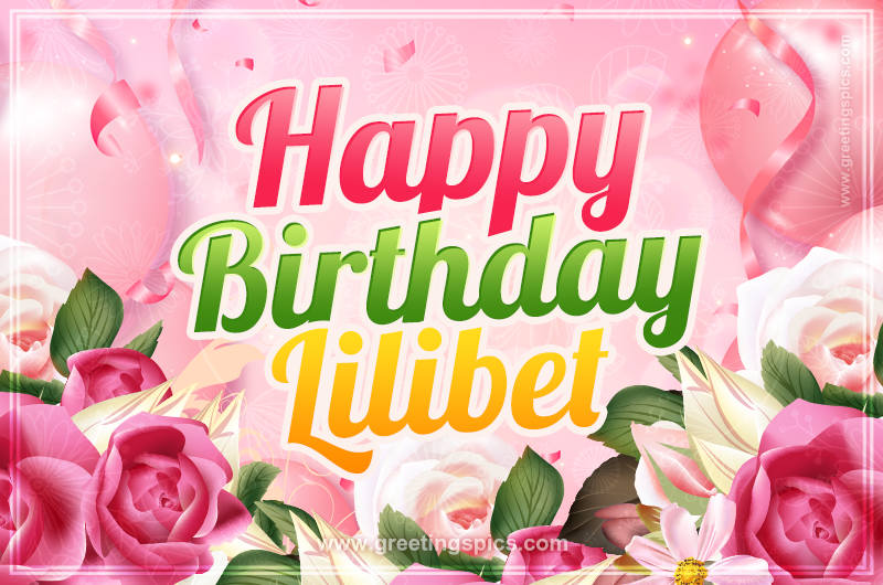 Image with gentle pink background and flowers Happy Birthday Lilibet