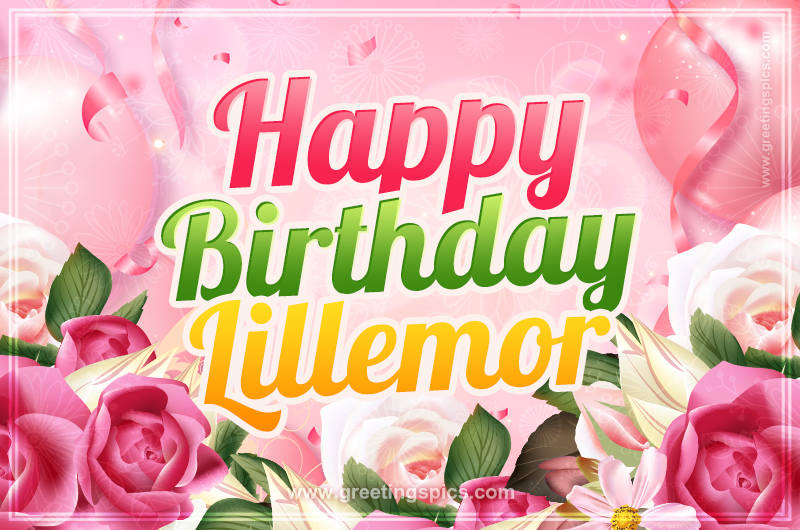 Image with gentle pink background and flowers Happy Birthday Lillemor