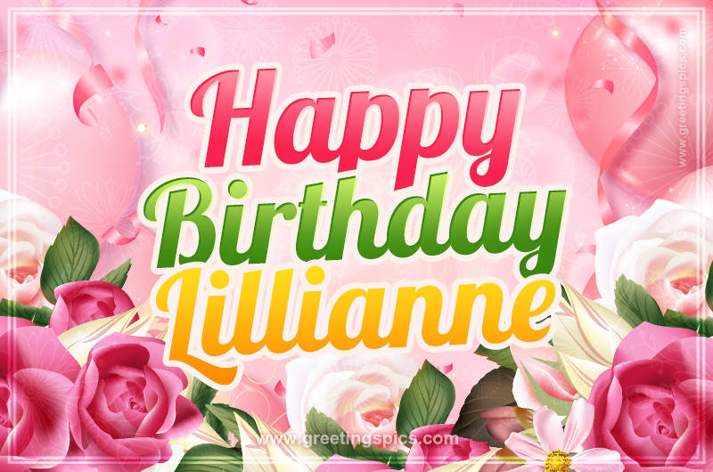 Image with gentle pink background and flowers Happy Birthday Lillianne