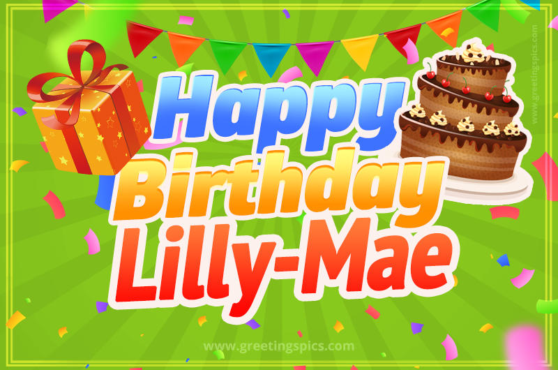 Happy Birthday Lilly-Mae picture with flags, chocolate cake and gift box