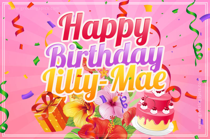 Beautiful Birthday Card for Lilly-Mae with Cake and bouquet of flowers