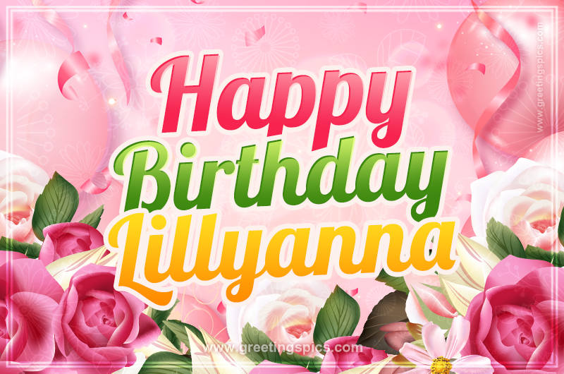 Image with gentle pink background and flowers Happy Birthday Lillyanna