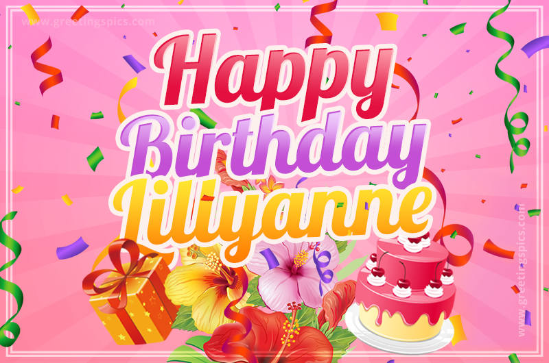 Beautiful Birthday Card for Lillyanne with Cake and bouquet of flowers