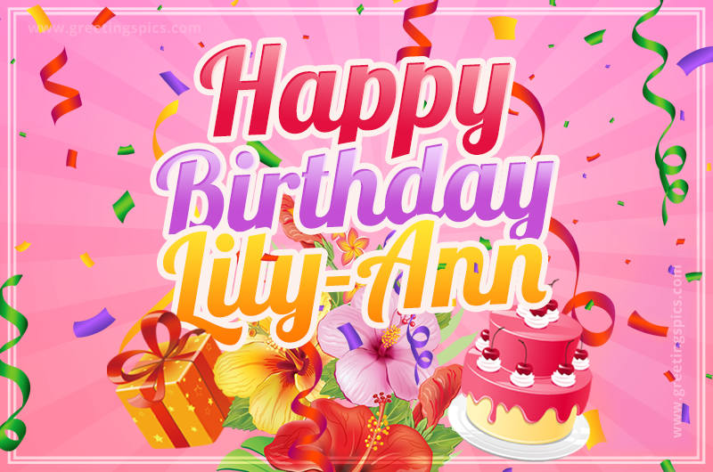 Beautiful Birthday Card for Lily-Ann with Cake and bouquet of flowers