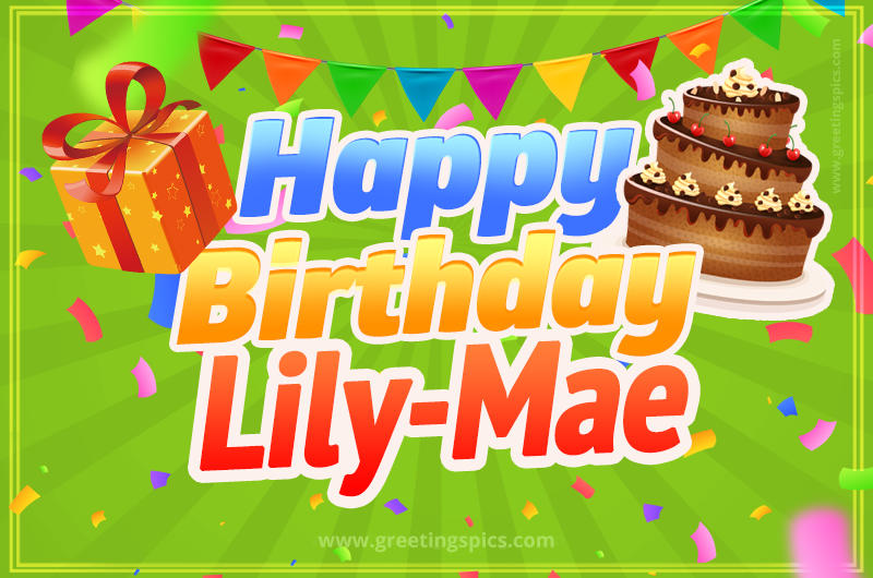 Happy Birthday Lily-Mae picture with flags, chocolate cake and gift box