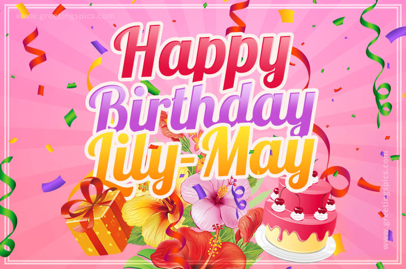 Beautiful Birthday Card for Lily-May with Cake and bouquet of flowers