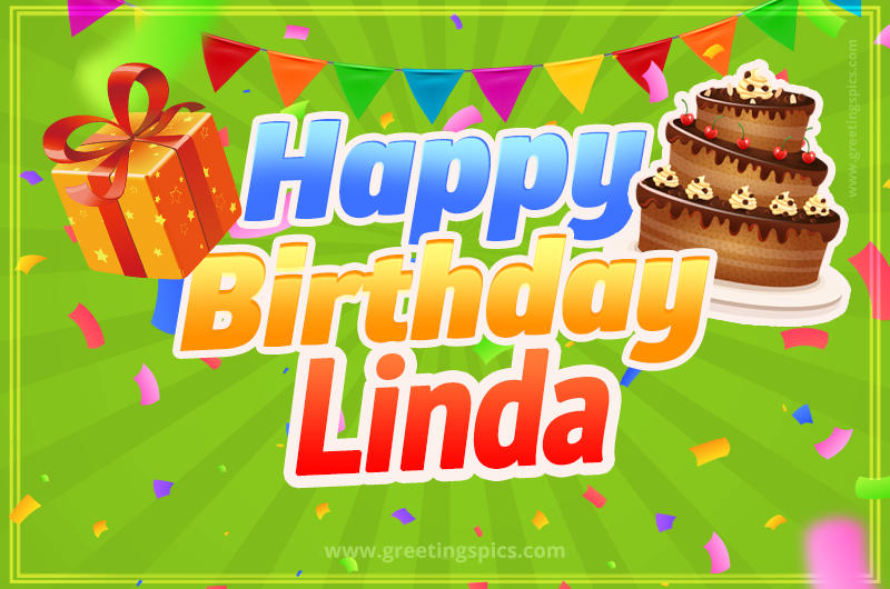 Happy Birthday Linda picture with flags, chocolate cake and gift box