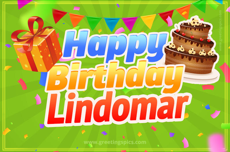 Happy Birthday Lindomar picture with flags, chocolate cake and gift box