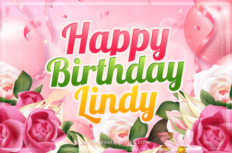 Image with gentle pink background and flowers Happy Birthday Lindy