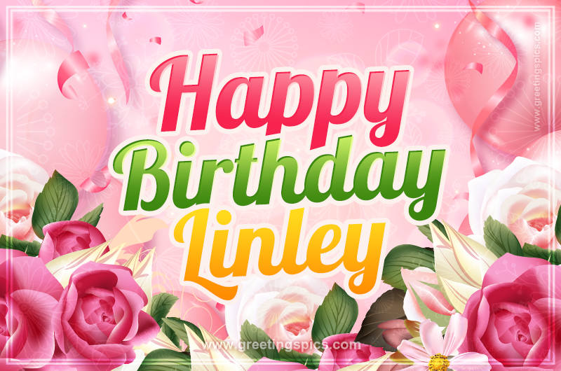 Image with gentle pink background and flowers Happy Birthday Linley