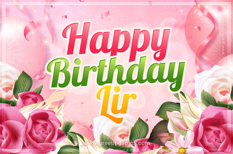 Image with gentle pink background and flowers Happy Birthday Lir