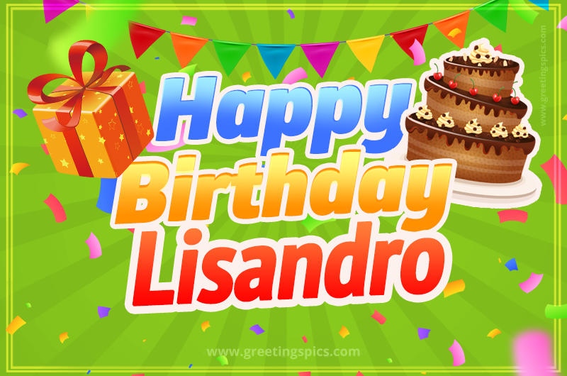 Happy Birthday Lisandro picture with flags, chocolate cake and gift box