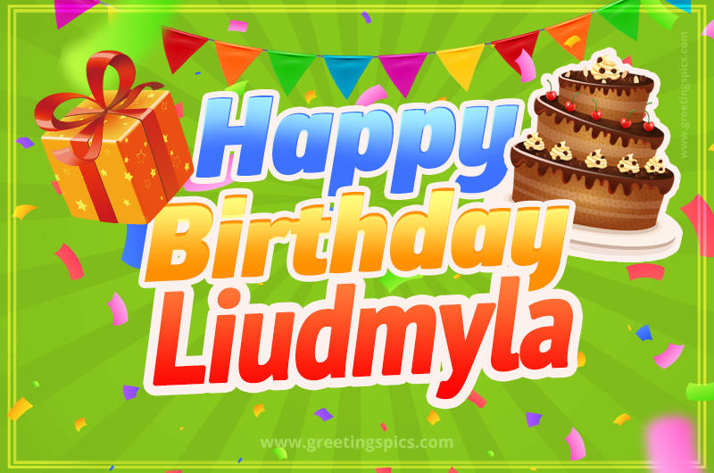 Happy Birthday Liudmyla picture with flags, chocolate cake and gift box