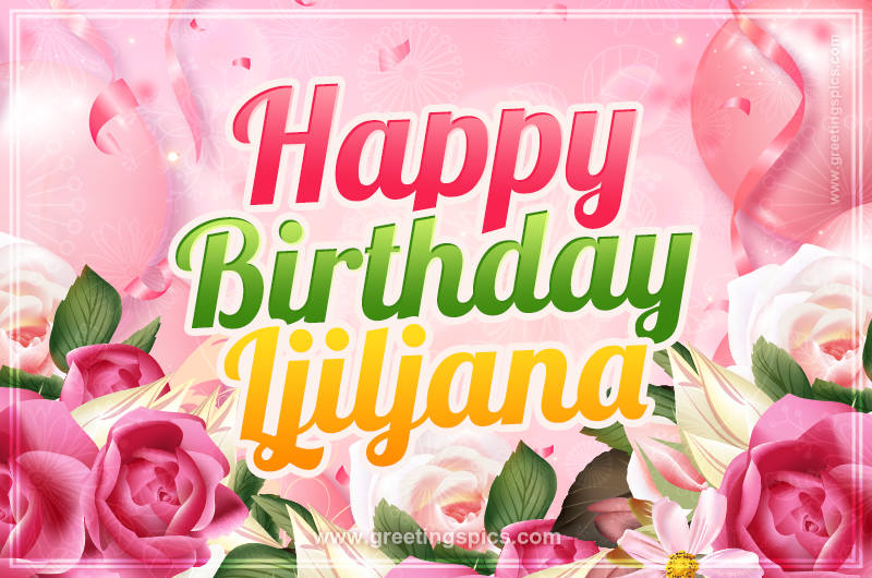 Image with gentle pink background and flowers Happy Birthday Ljiljana