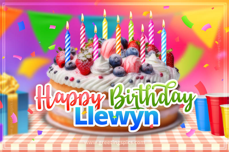 Happy Birthday Llewyn Colorful Image with fruit cake and candles