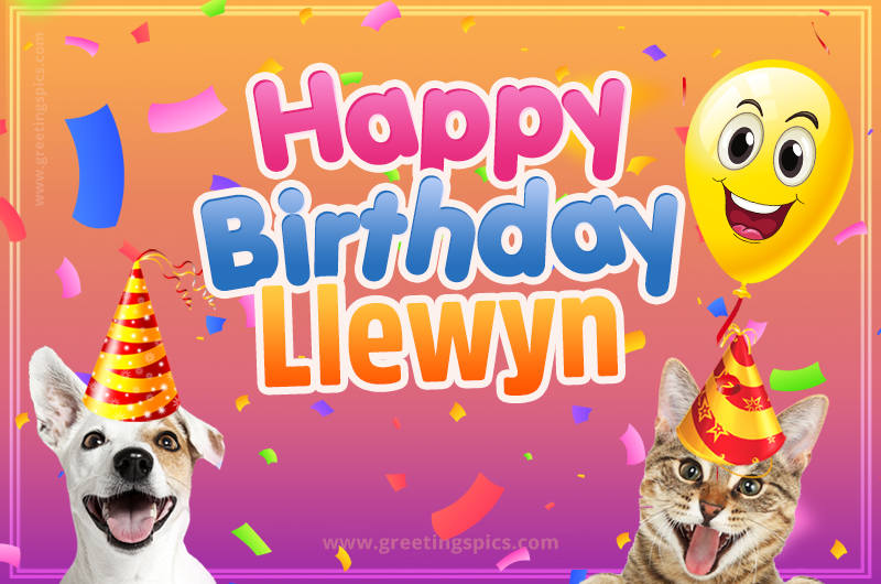 Happy Birthday Llewyn Funny Image with cat and dog