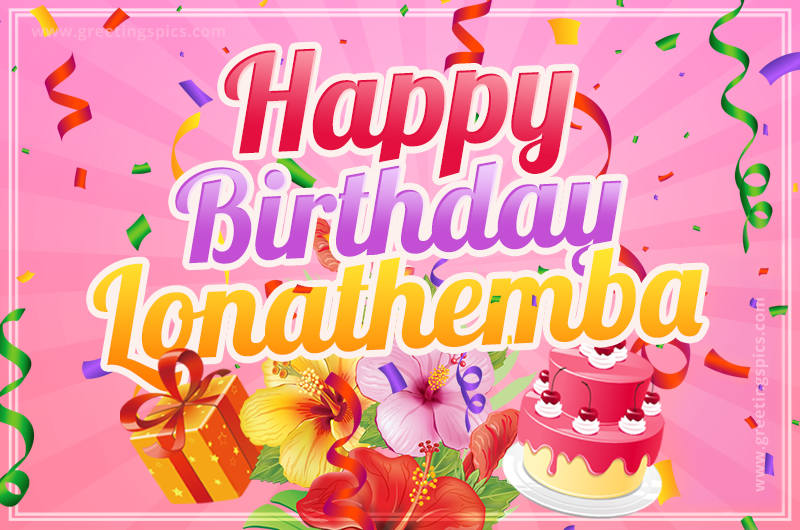 Beautiful Birthday Card for Lonathemba with Cake and bouquet of flowers