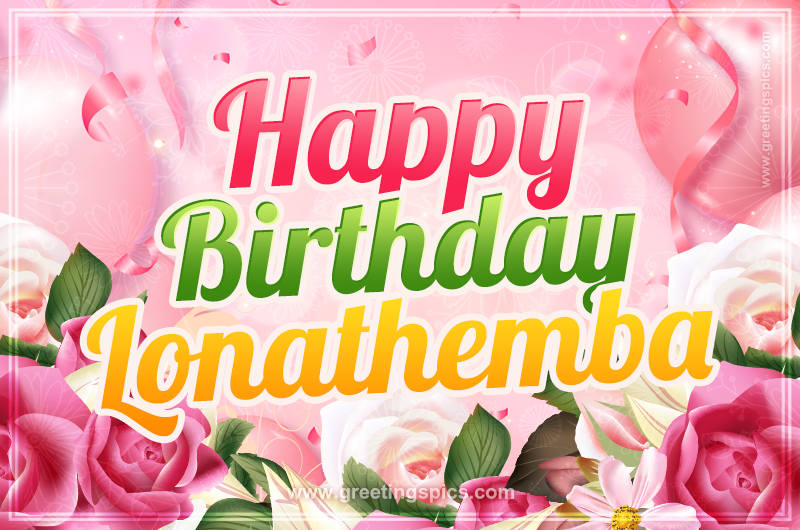 Image with gentle pink background and flowers Happy Birthday Lonathemba