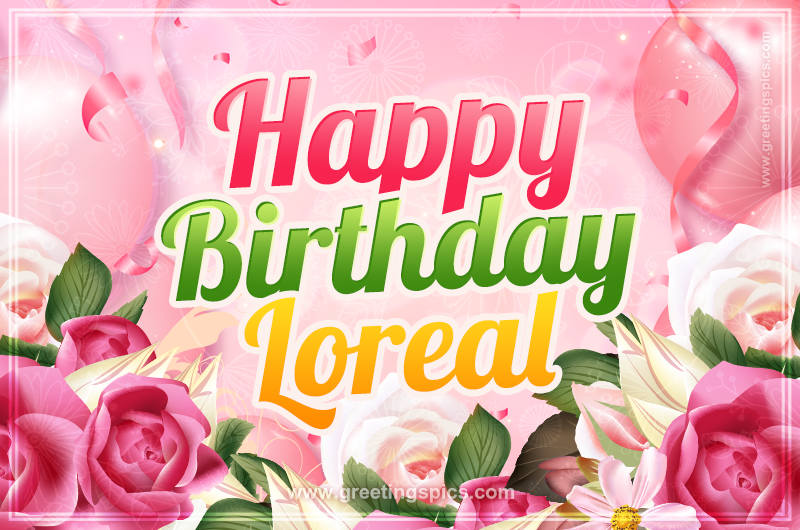 Image with gentle pink background and flowers Happy Birthday Loreal