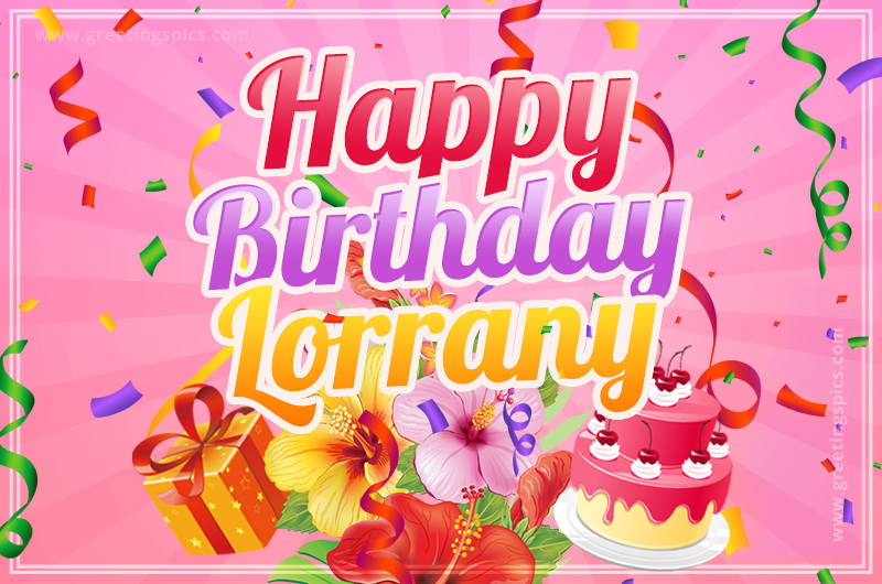 Beautiful Birthday Card for Lorrany with Cake and bouquet of flowers